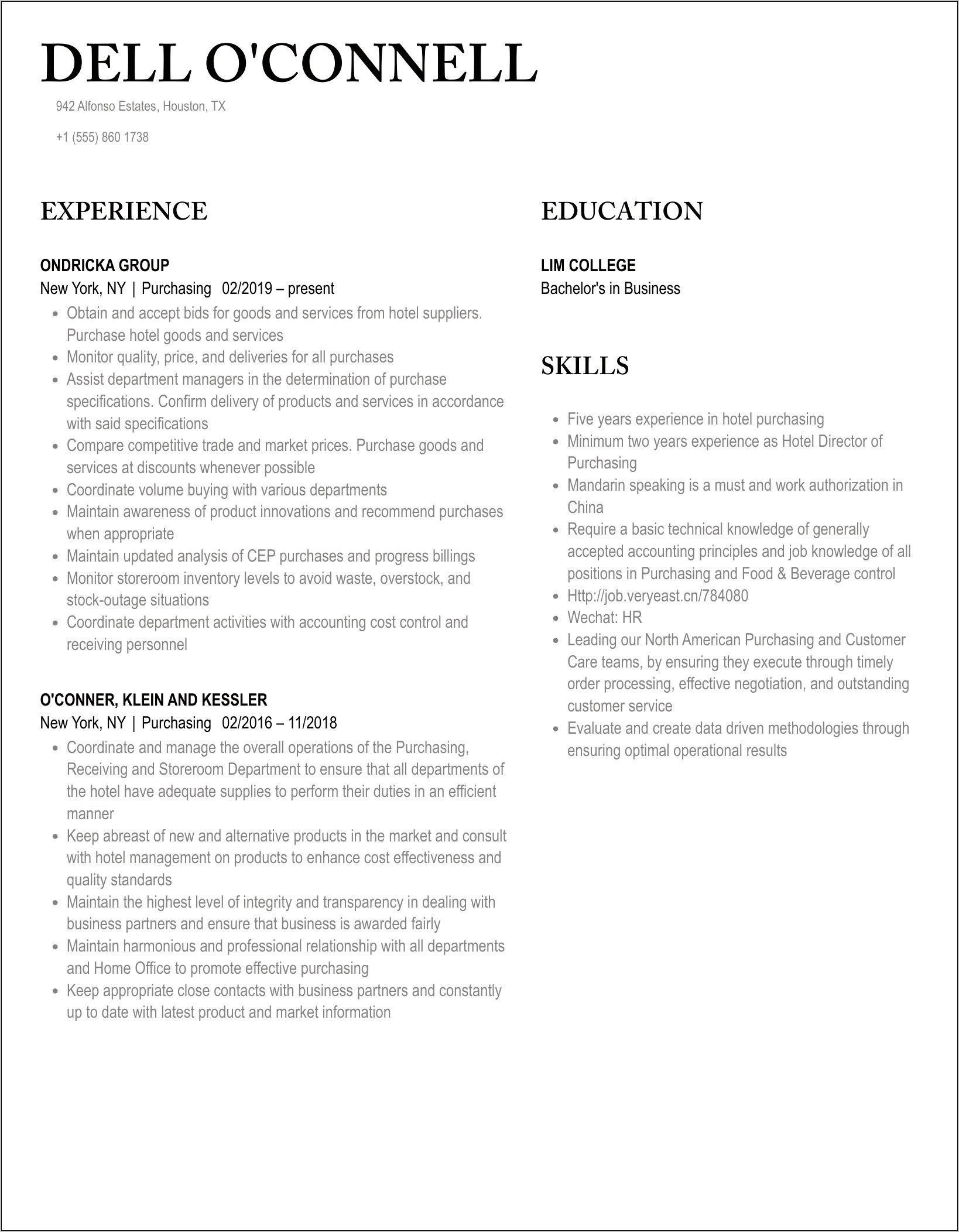 Monster Example Of Purhcasing Resume