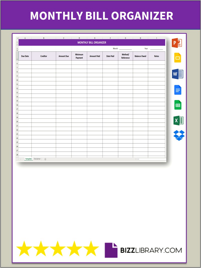 Monthly Bill Organizer Template Excel Download