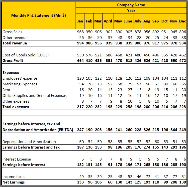 Monthly Profit And Loss Template Excel Download