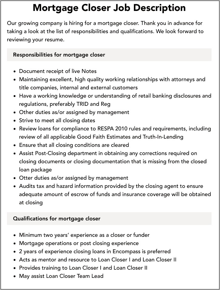 Mortgage Closer Job Description Resume