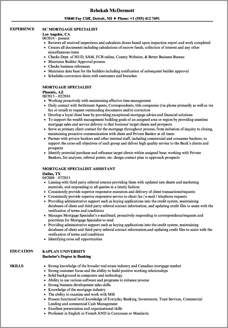 Mortgage Consultant Job Description Resume