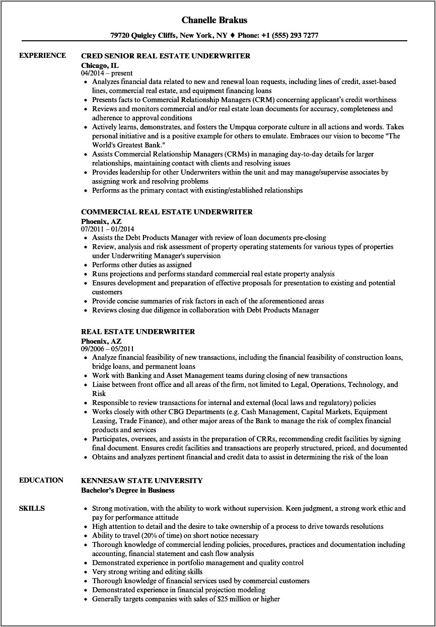 Mortgage Loan Underwriter Sample Resume