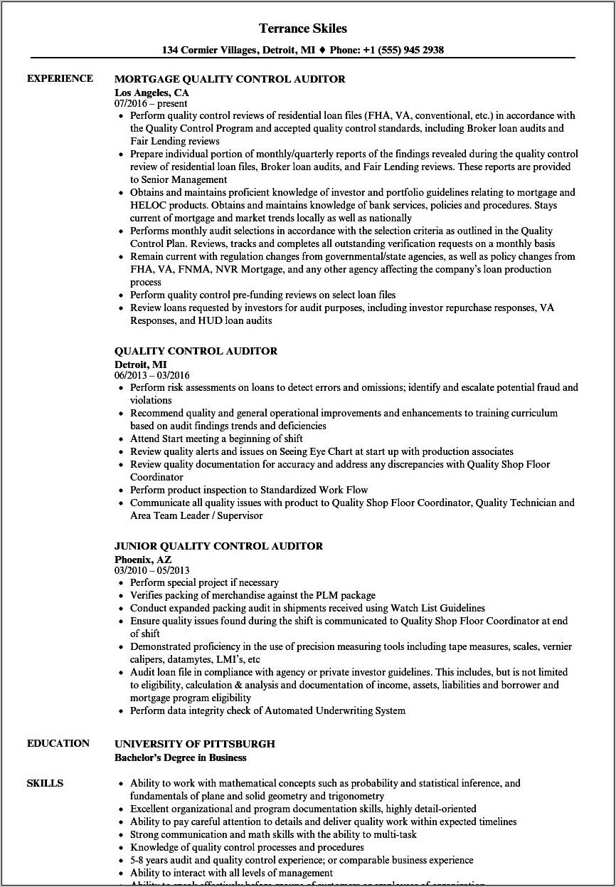 Mortgage Quality Assurance Resume Sample