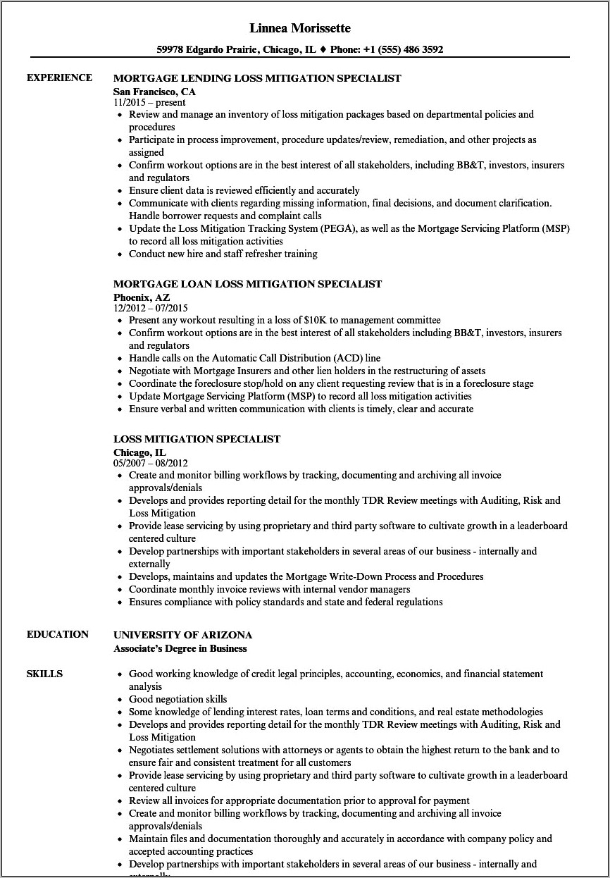 Mortgage Servicing Specialist Resume Sample