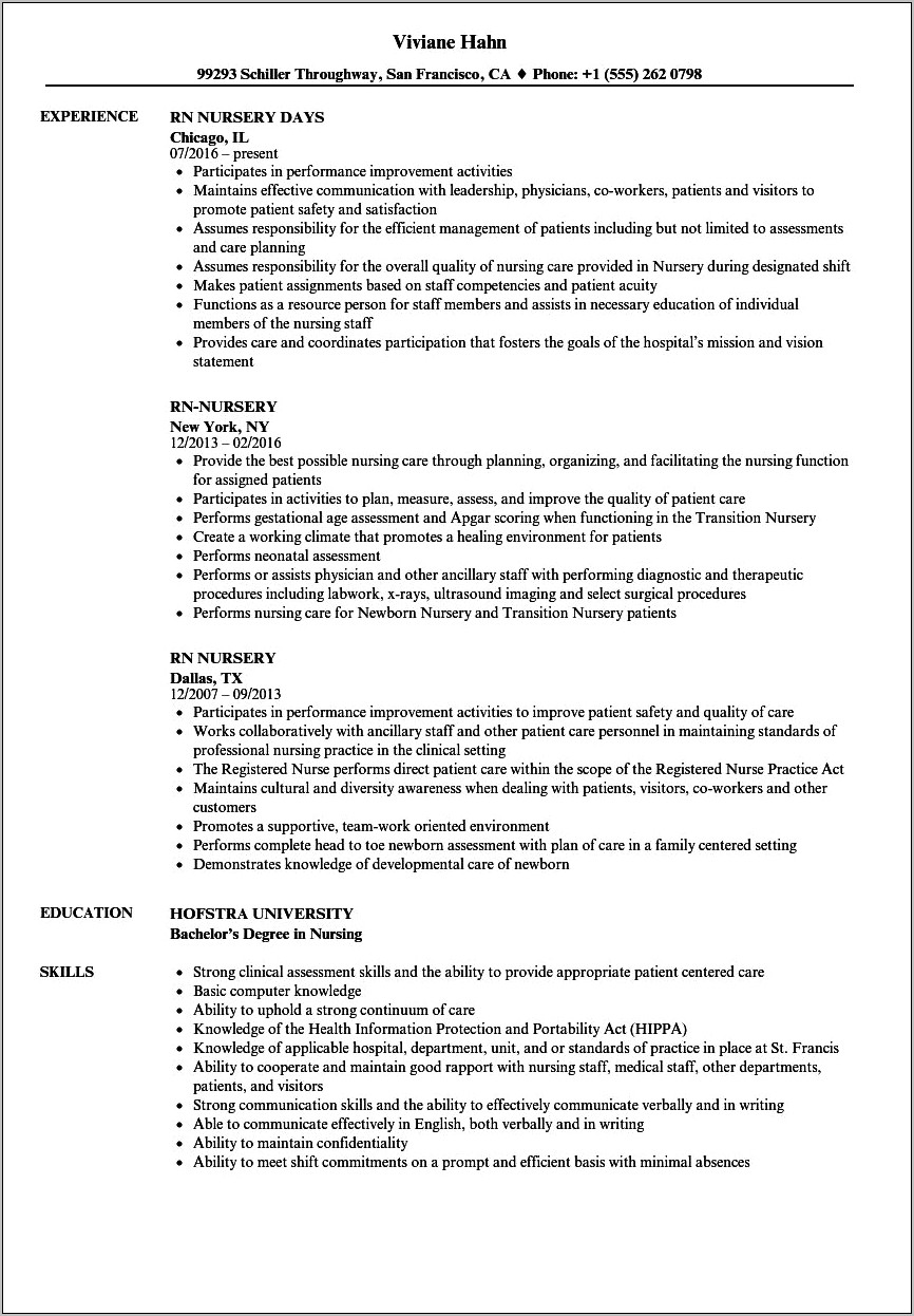 Mother Baby Nurse Resume Example