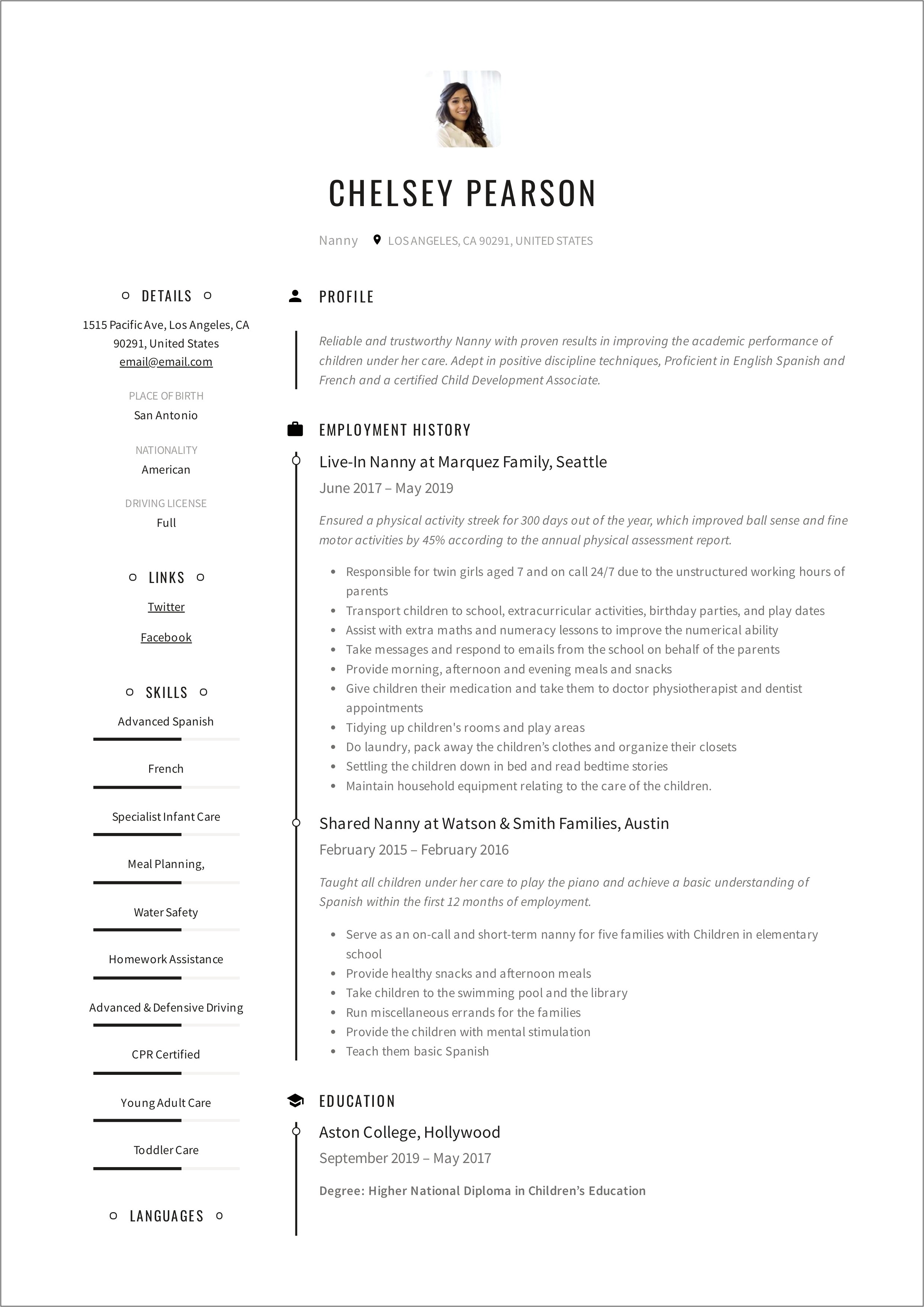 Nanny Resume Examples Special Needs
