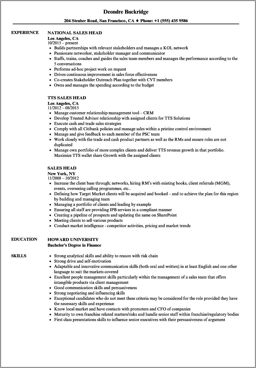 National Sales Leadership Resume Example