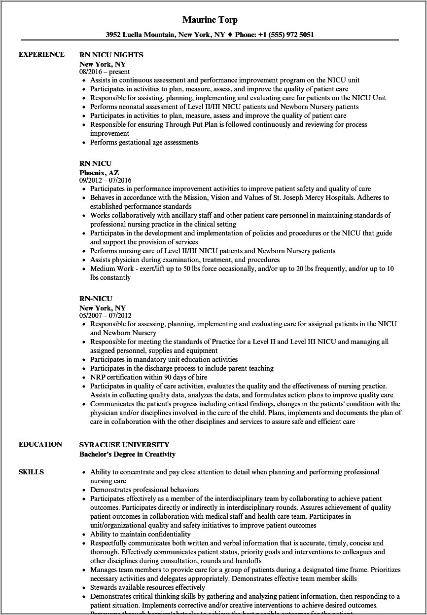 Neonatal Nurse Job Description Resume