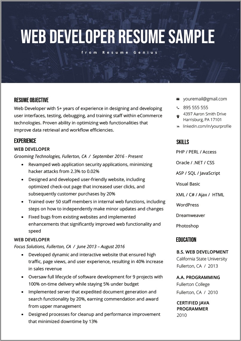 Net Developer Fresher Resume Sample