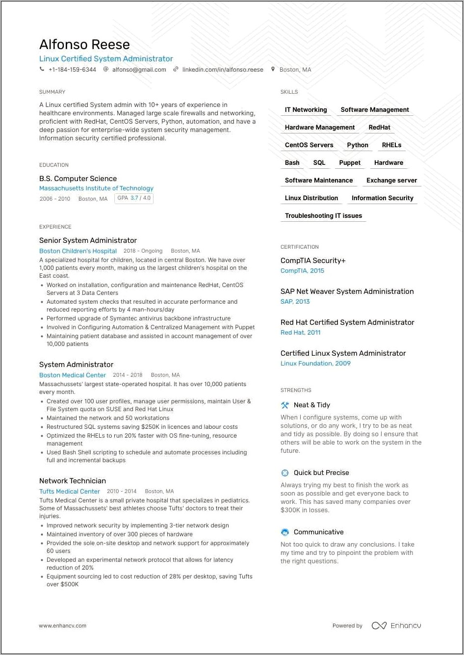 Network Admin Technical Skills Resume