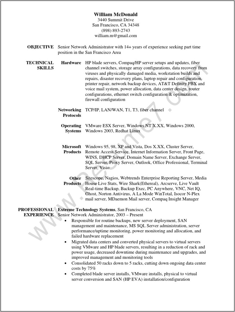 Network Administrator Resume Sample Download