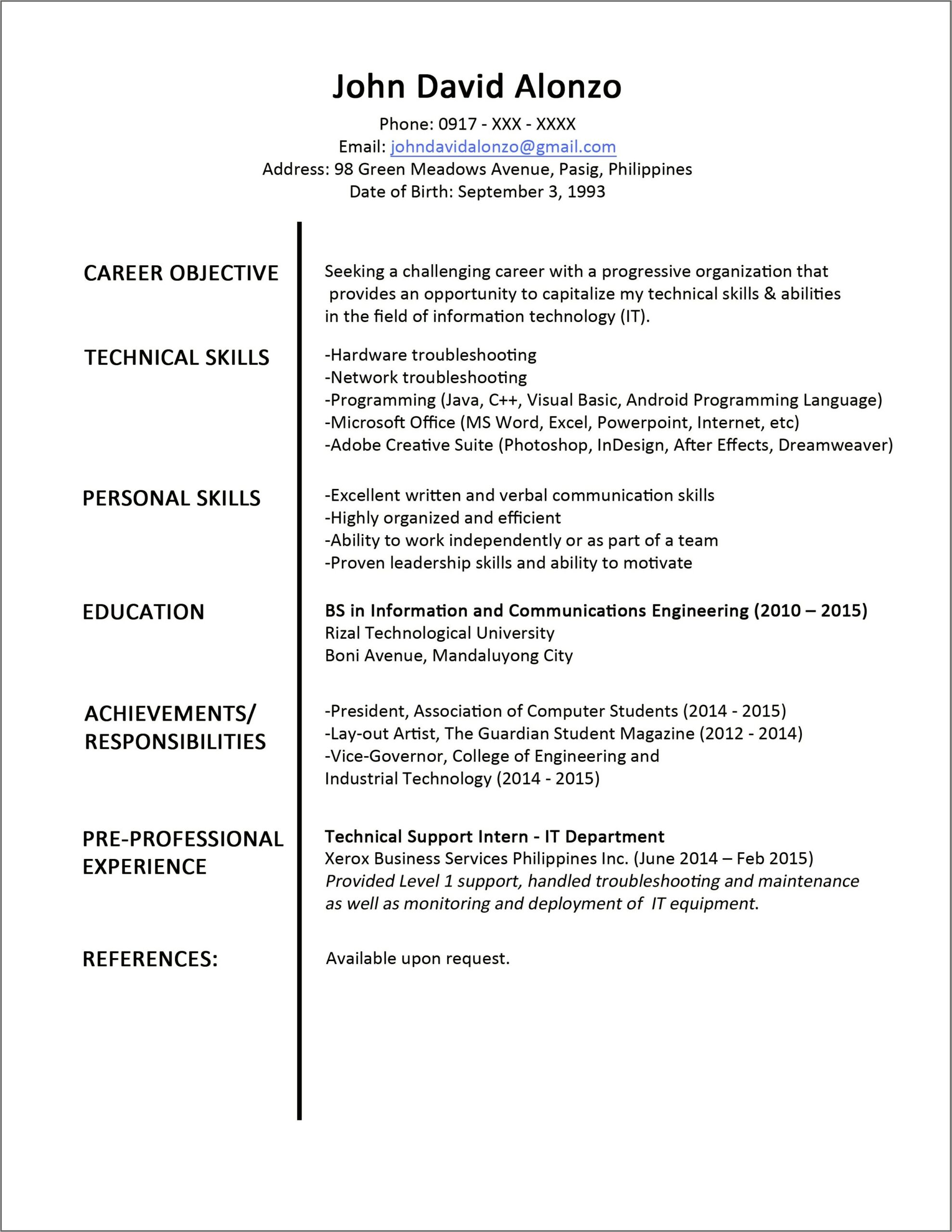 Network And Internet Resume Example