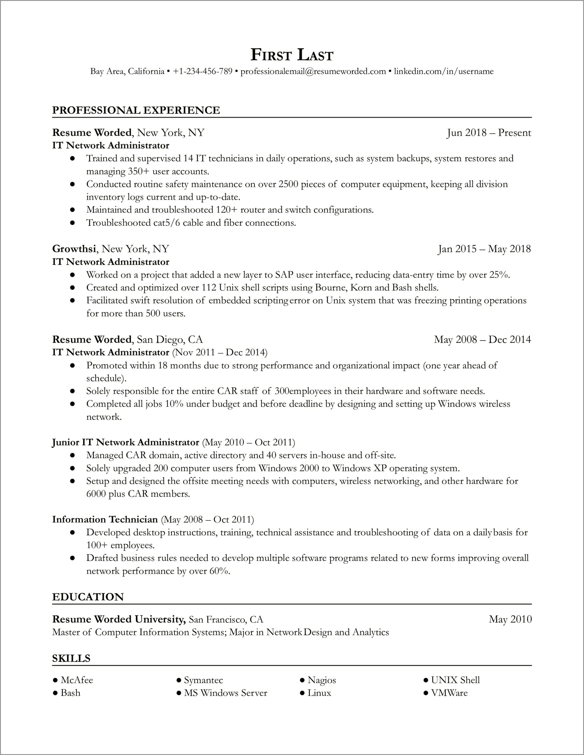 Network Cable Technician Resume Sample