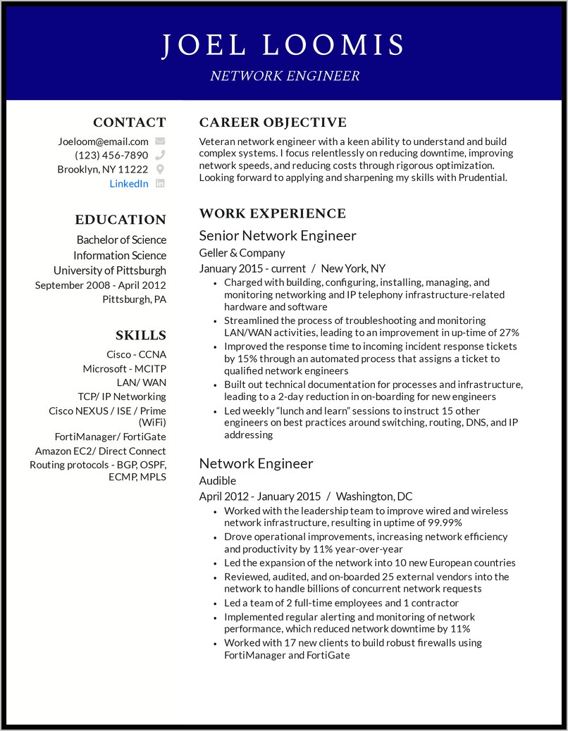 Network Support Engineer Example Resume