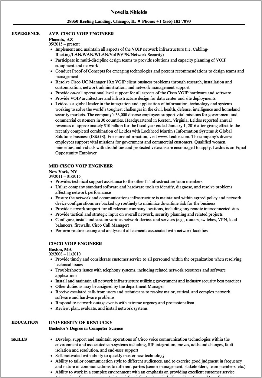 Network Voip Engineer Sample Resume