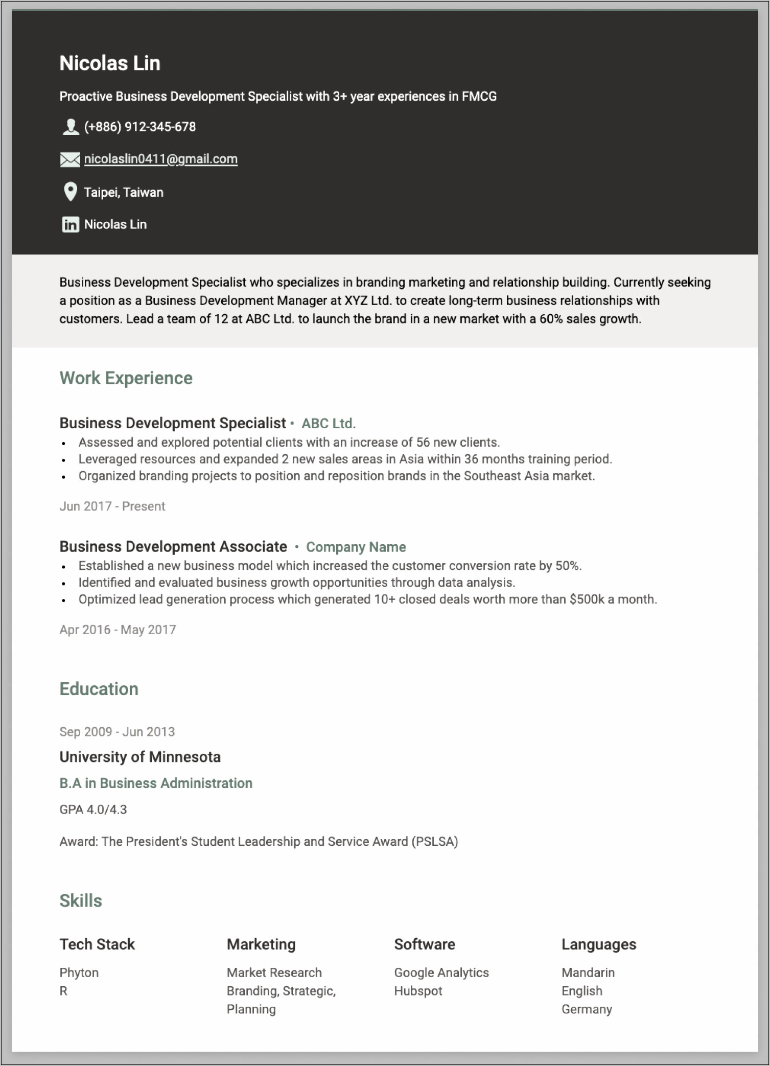 New Business Development Resume Sample