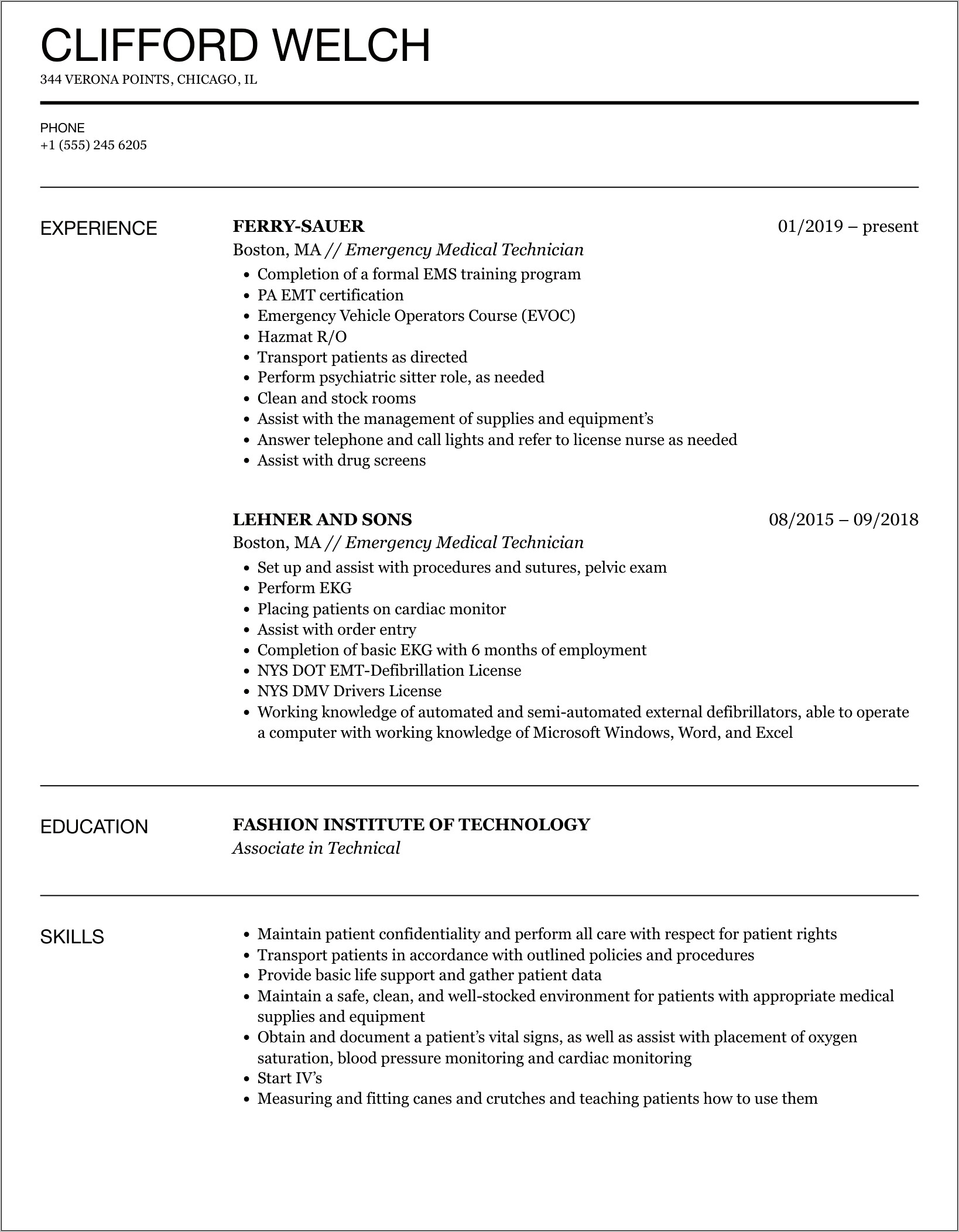 New Emt Resume Summary Sample