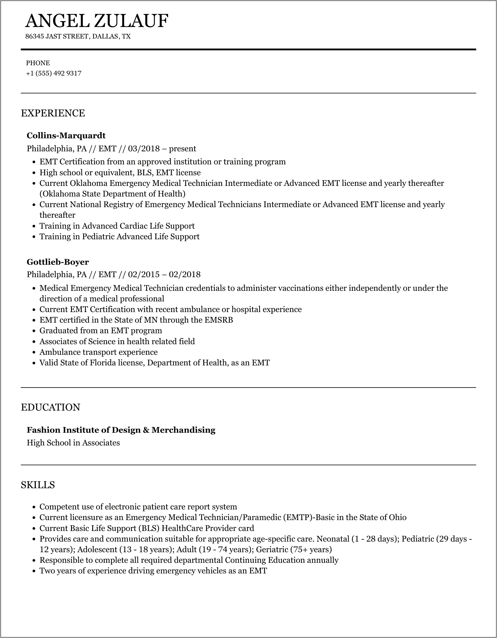 New Emt Summary Resume Example