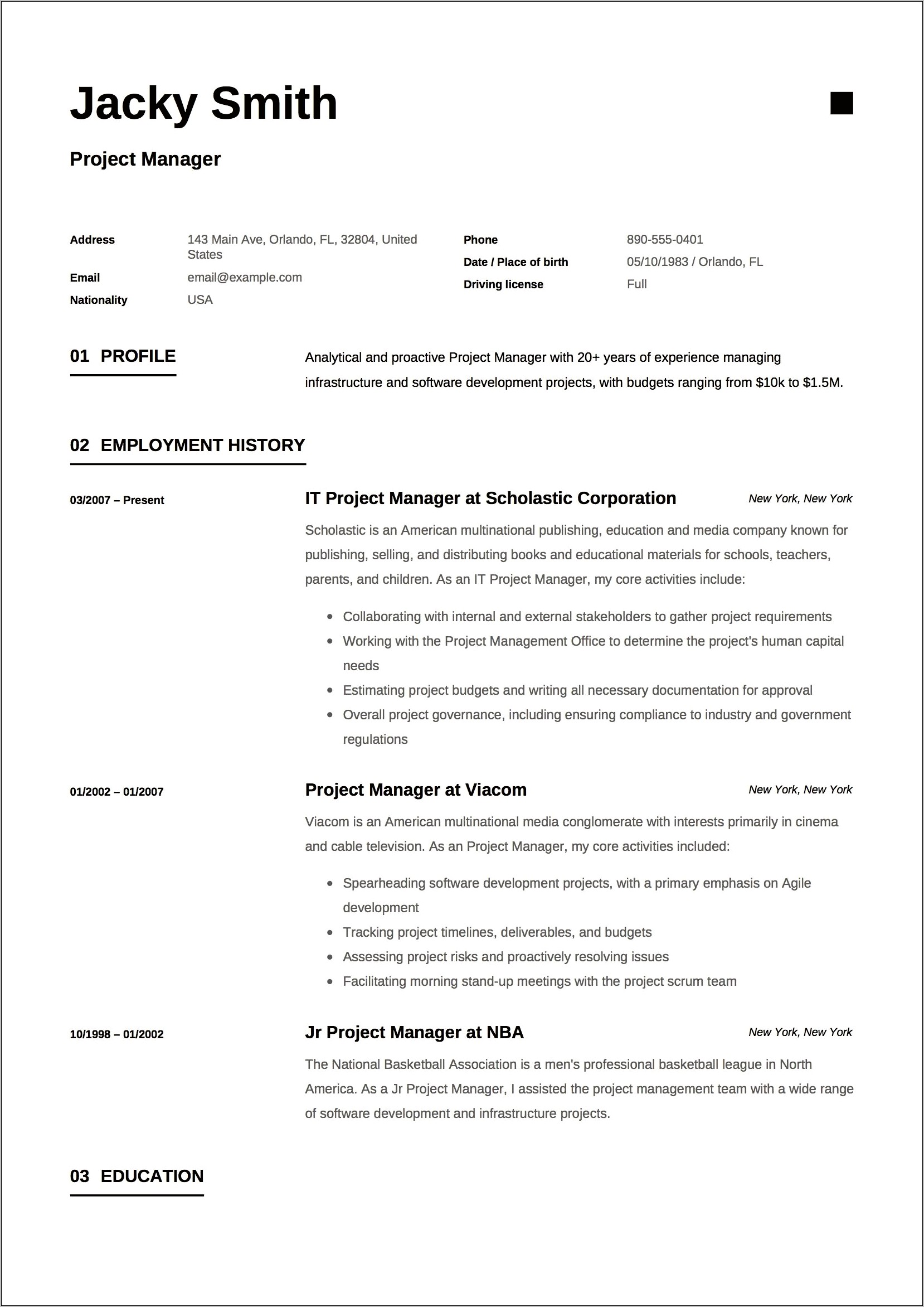 New Gproject Management Resume Examples