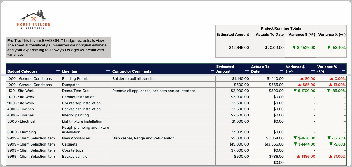 New Home Construction Budget Excel Template Download