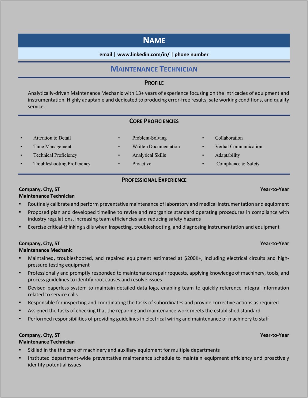 New Maintenance Technition Sample Resume