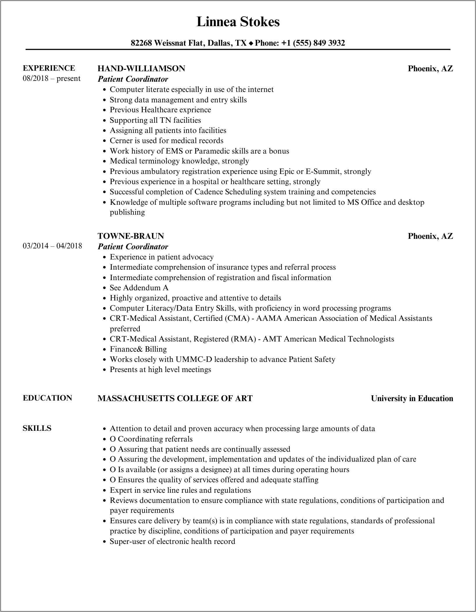 New Patient Coordinator Sample Resume