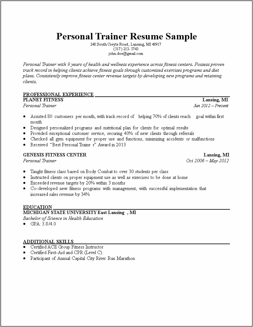 New Personal Trainer Resume Sample
