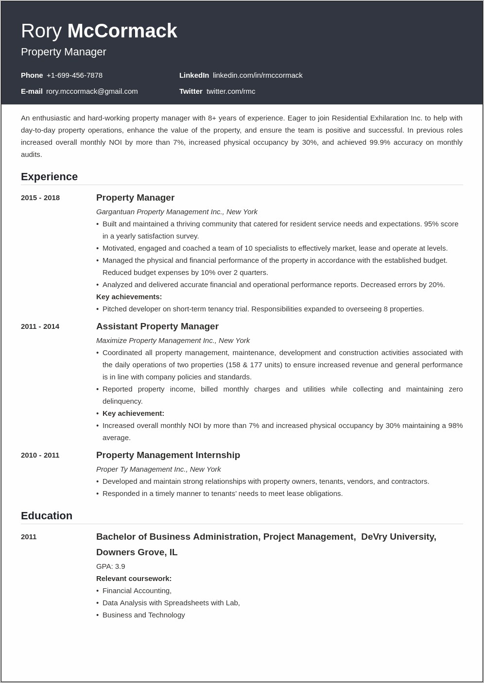 New Property Manager Skills Resume