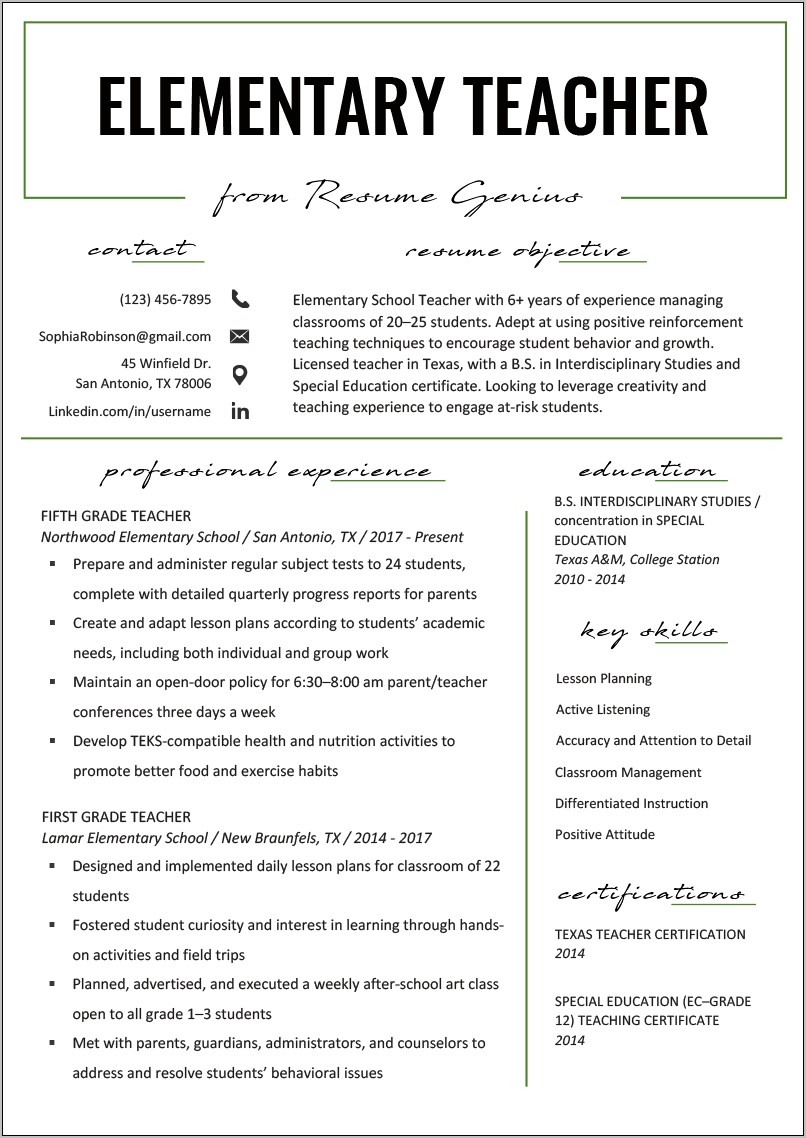 New Teacher Objectives For Resume