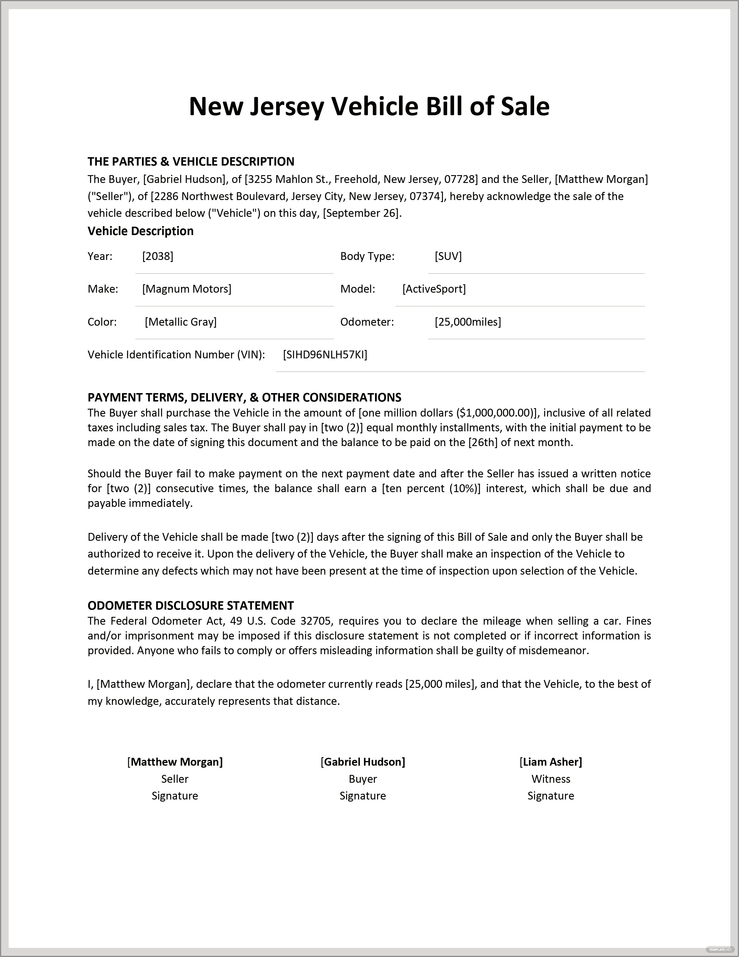 Nj Auto Bill Of Sales Template Download