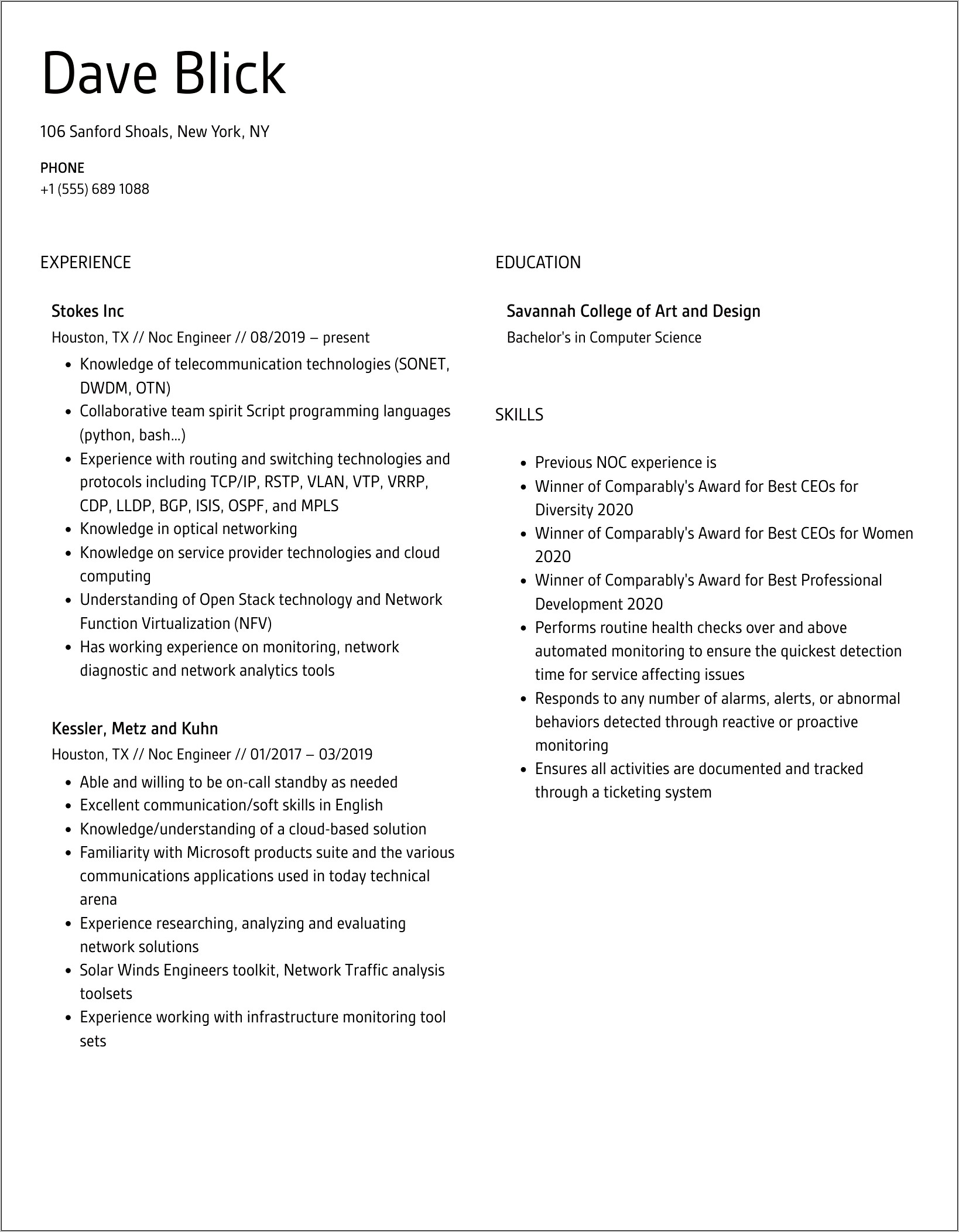 Noc Support Engineer Resume Sample