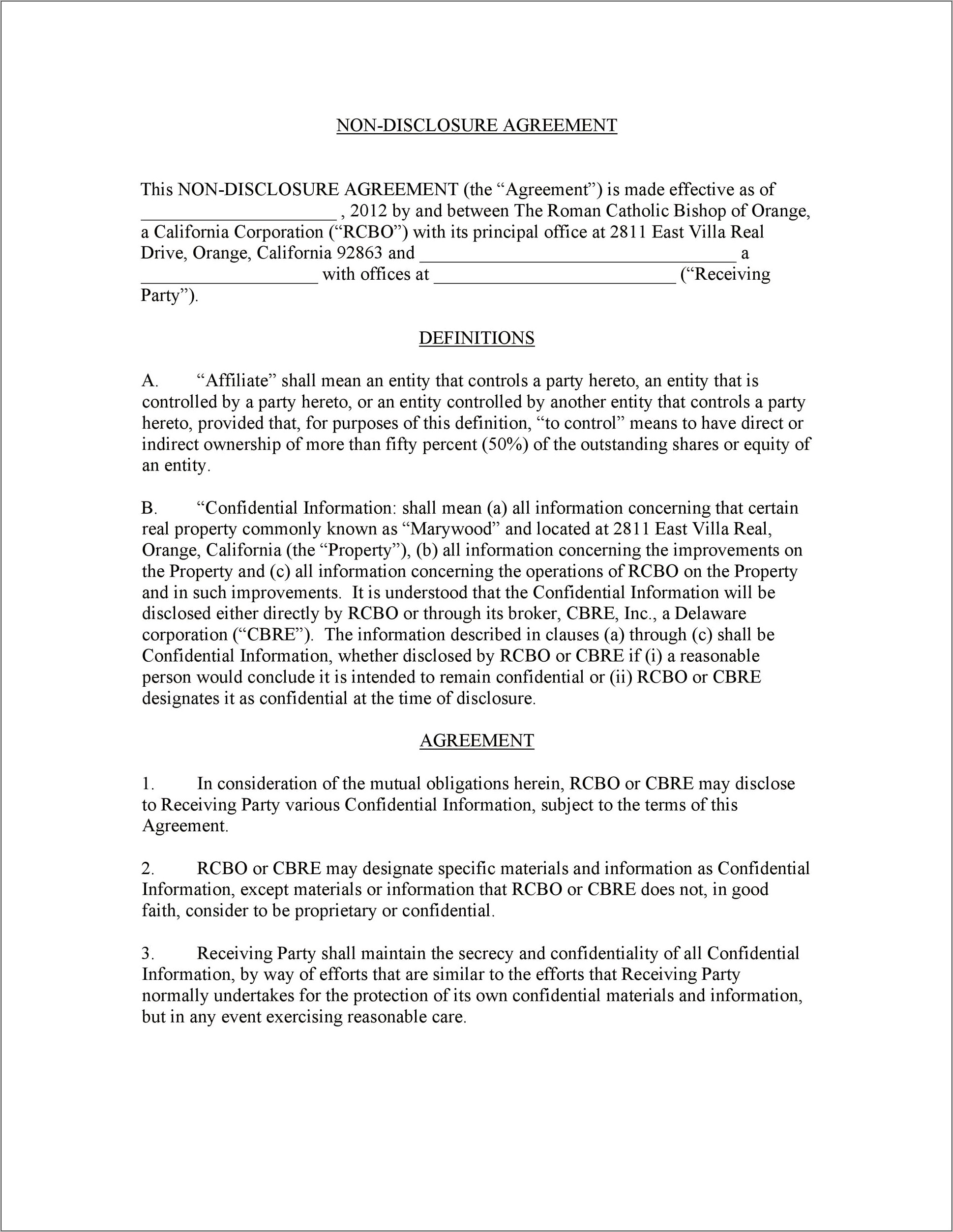 Non Disclosure Agreement Free Template Download