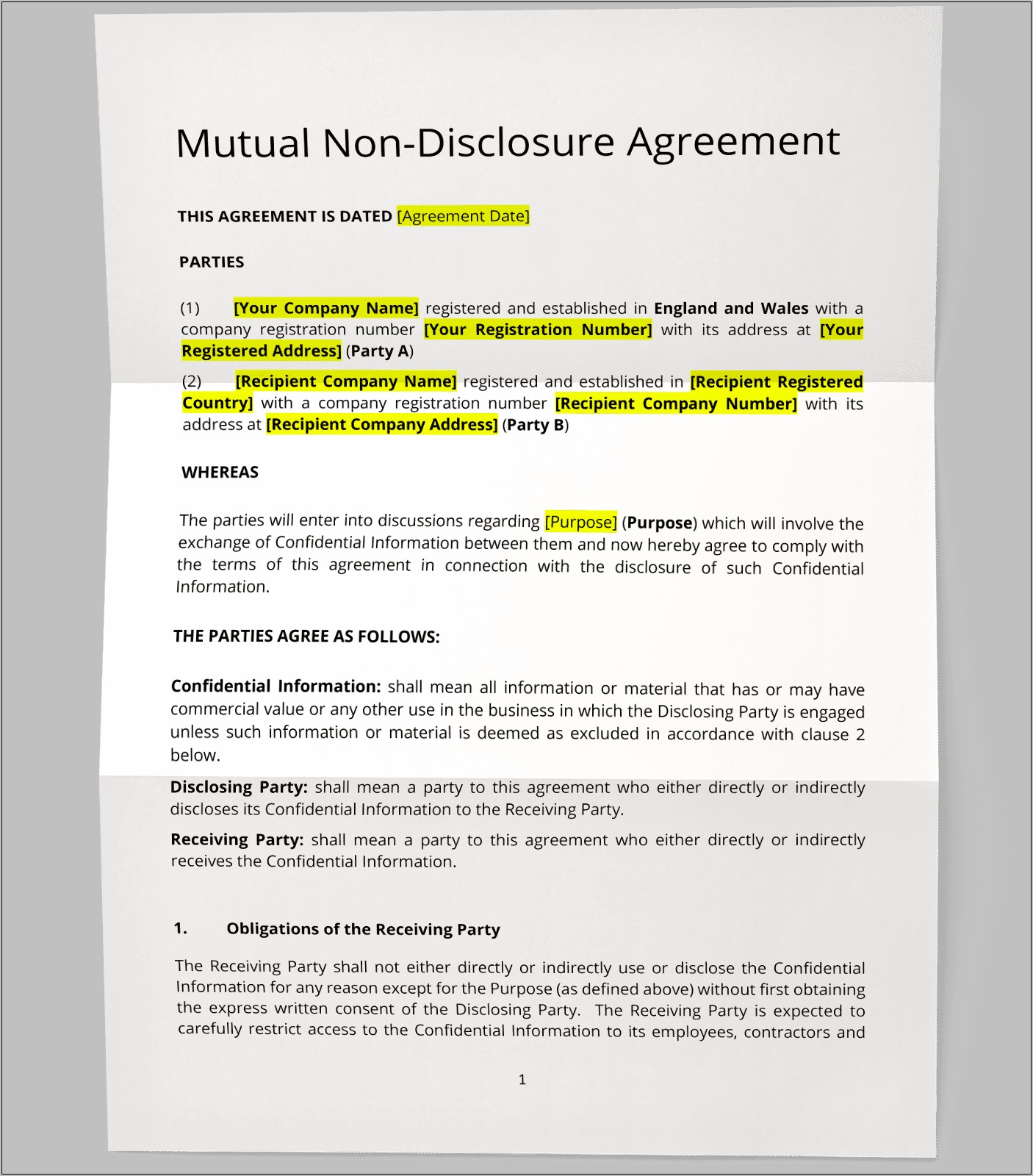 Non Disclosure Agreement Template Download Free