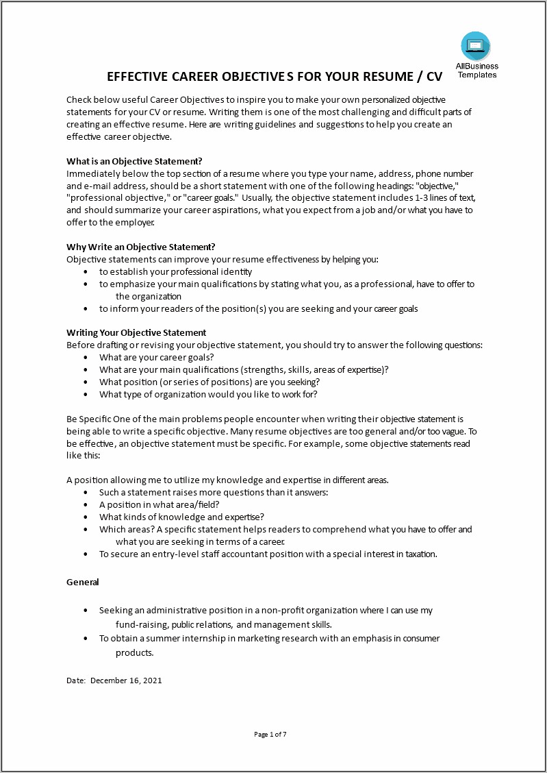 Non Profit Objective Statement Resume