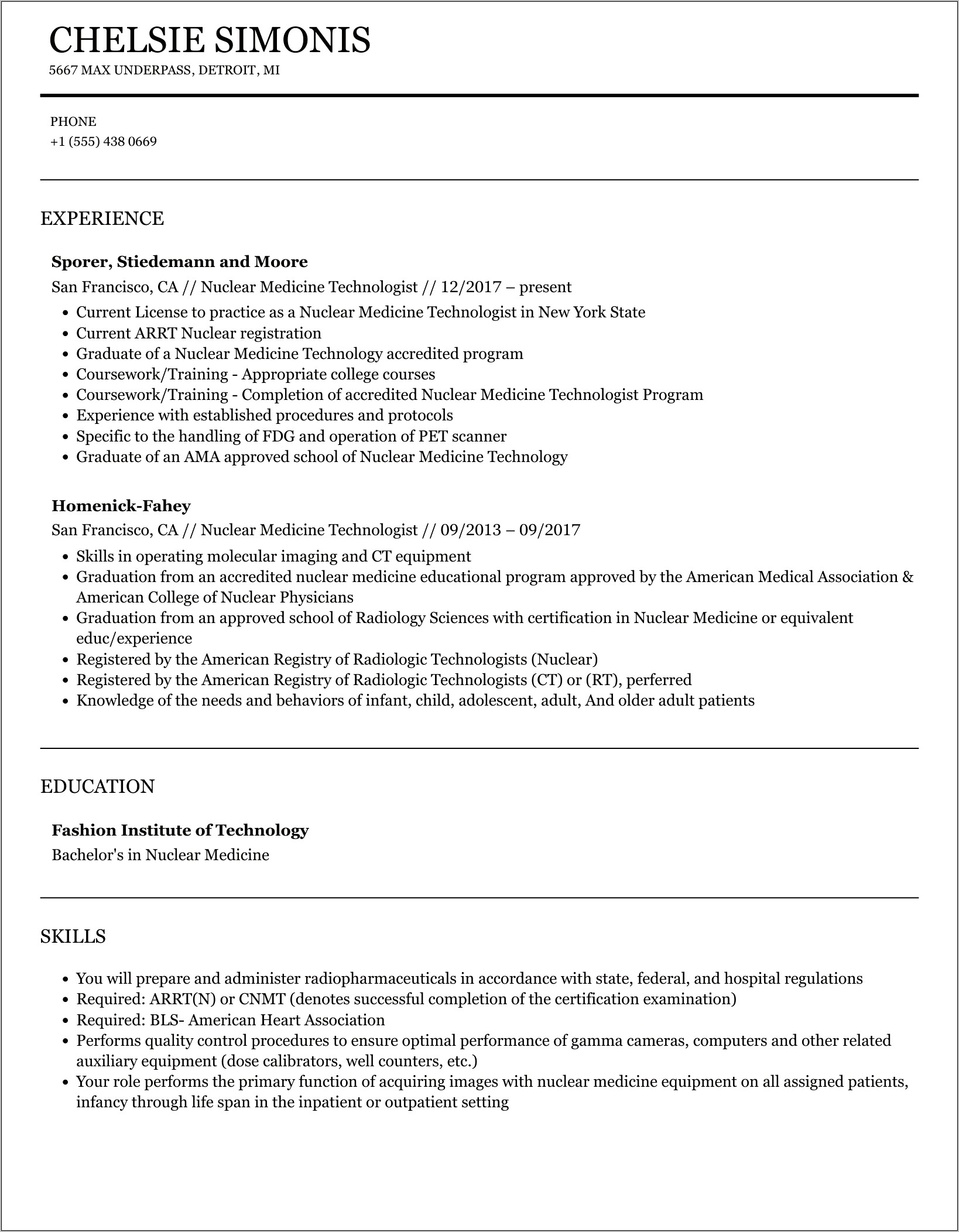Nuclear Medicine Technologist Resume Examples