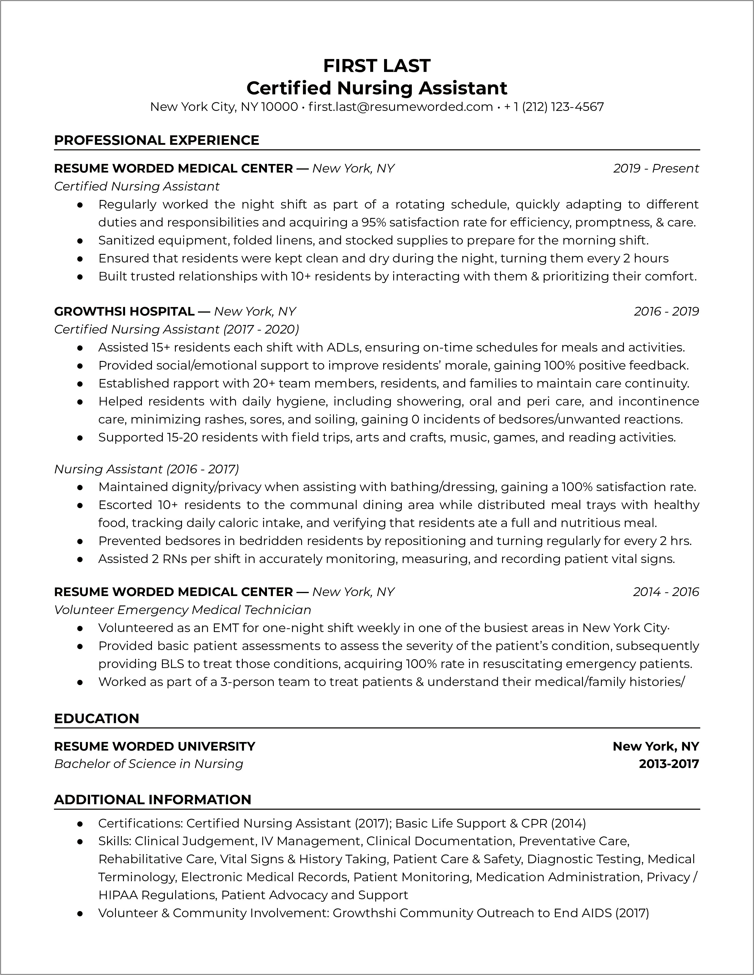 Nursing Assistant Job Resume Summary