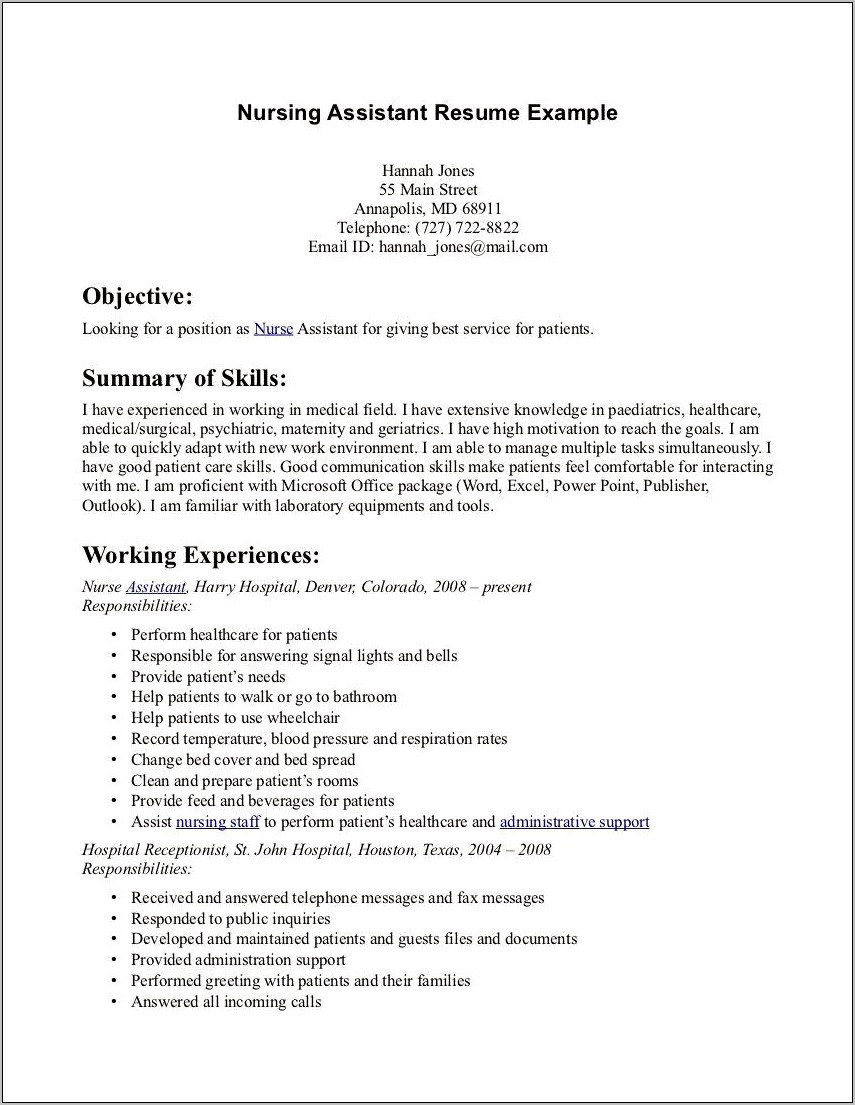 Nursing Assistant Sample Resume Objective