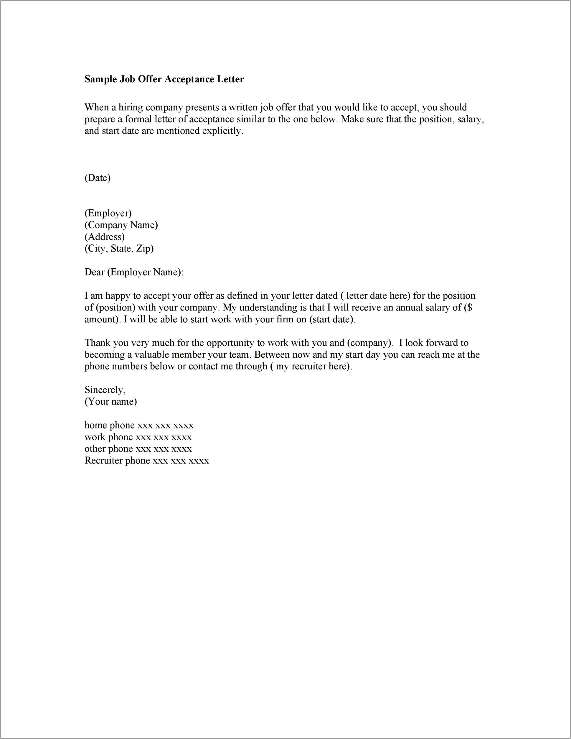 Nursing Job Acceptance Letter Template Download