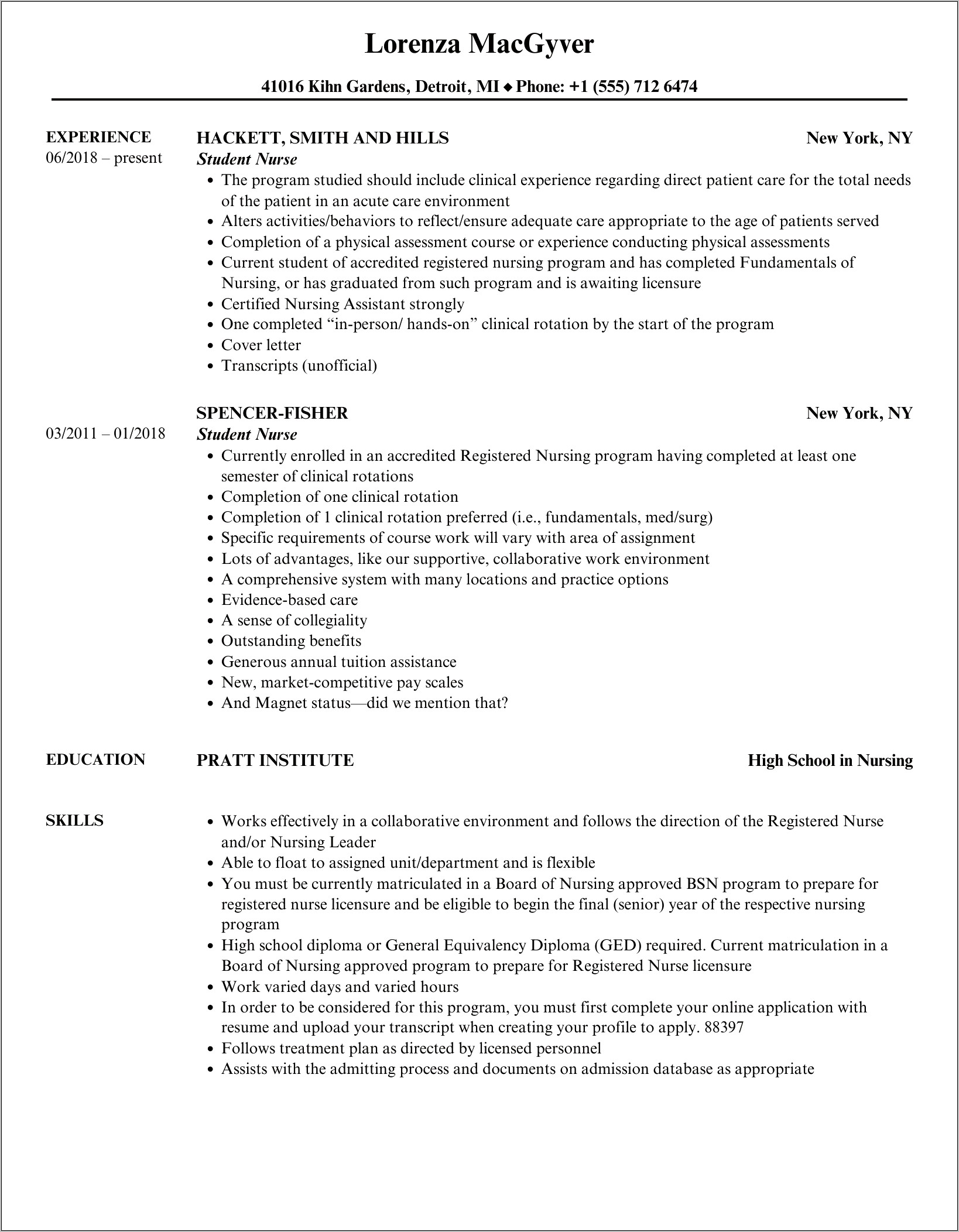 Nursing Student Resume Examples 2018