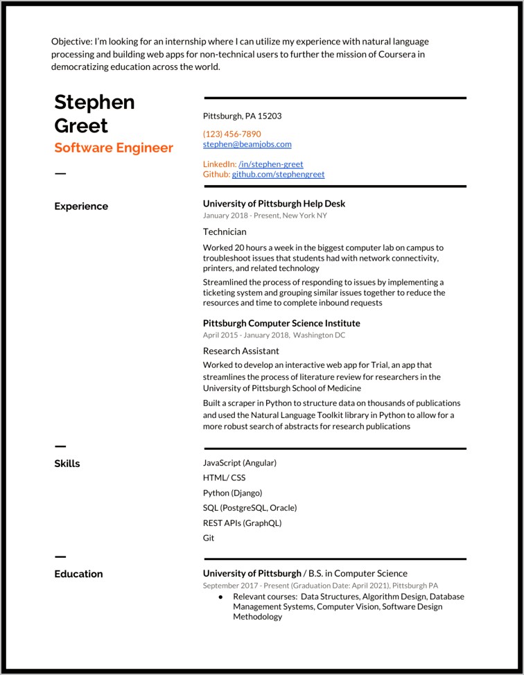Objective Example For Resume Internship