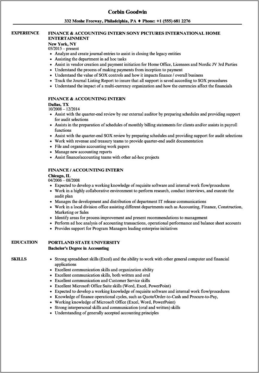 Objective For Accounting Resume Internship