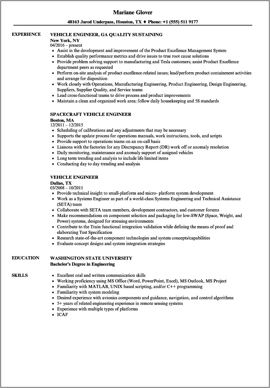 Objective For Automotive Engineer Resume
