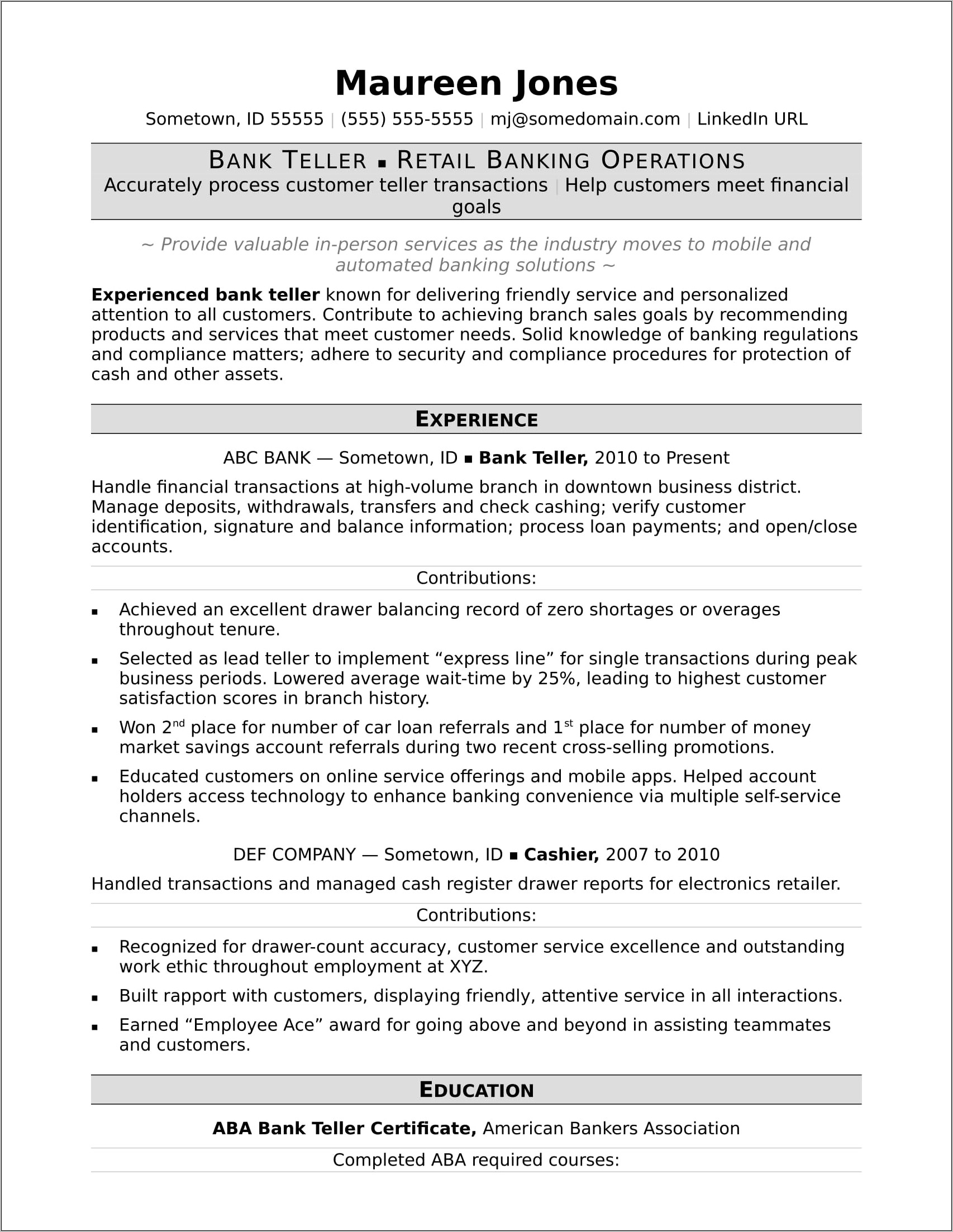 Objective For Banking Teller Resume