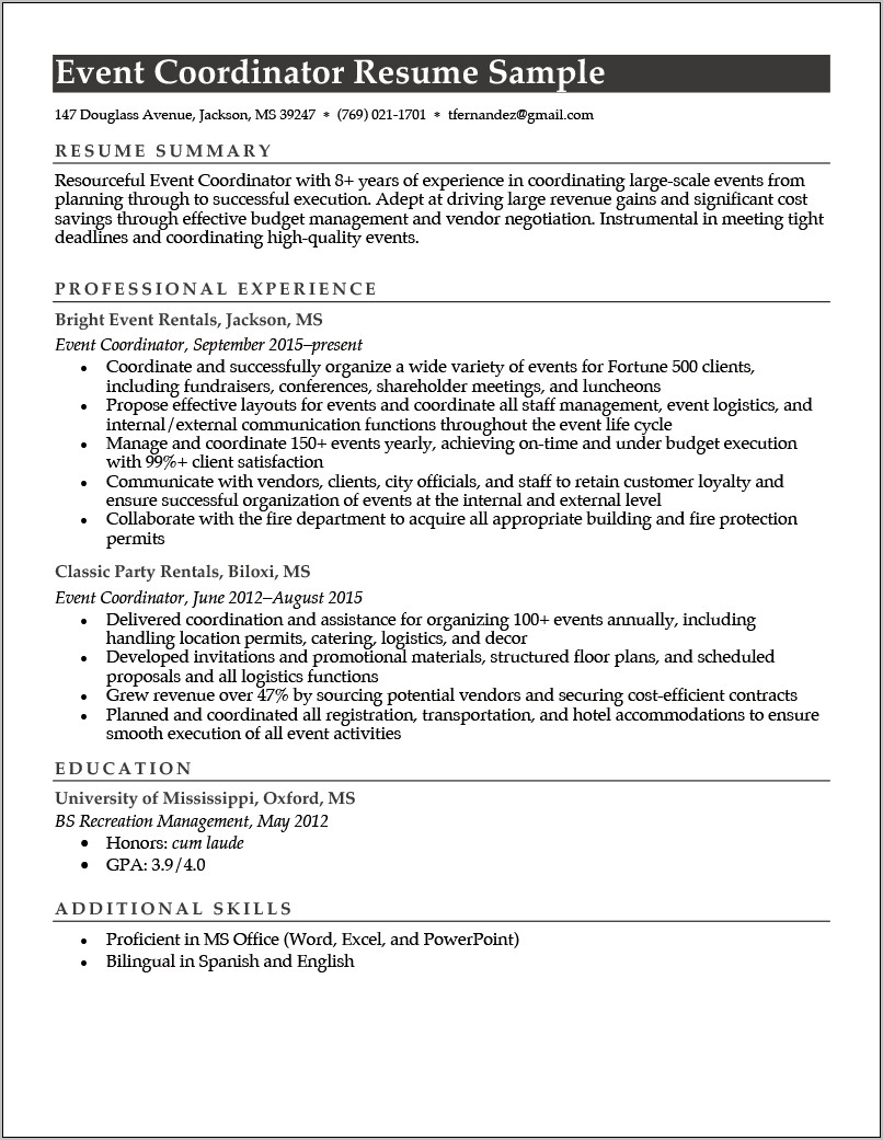 Objective For Event Management Resume