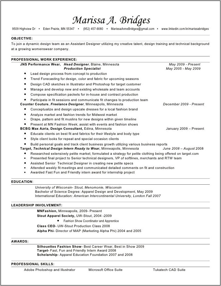 Objective For Fashion Internship Resume