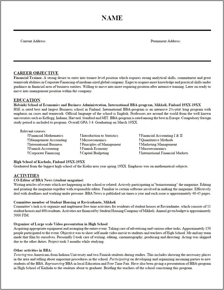 Objective For International Business Resume