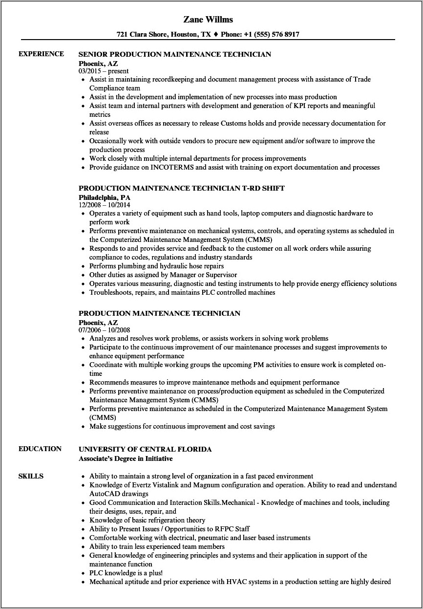 Objective For Maintenance Tech Resume