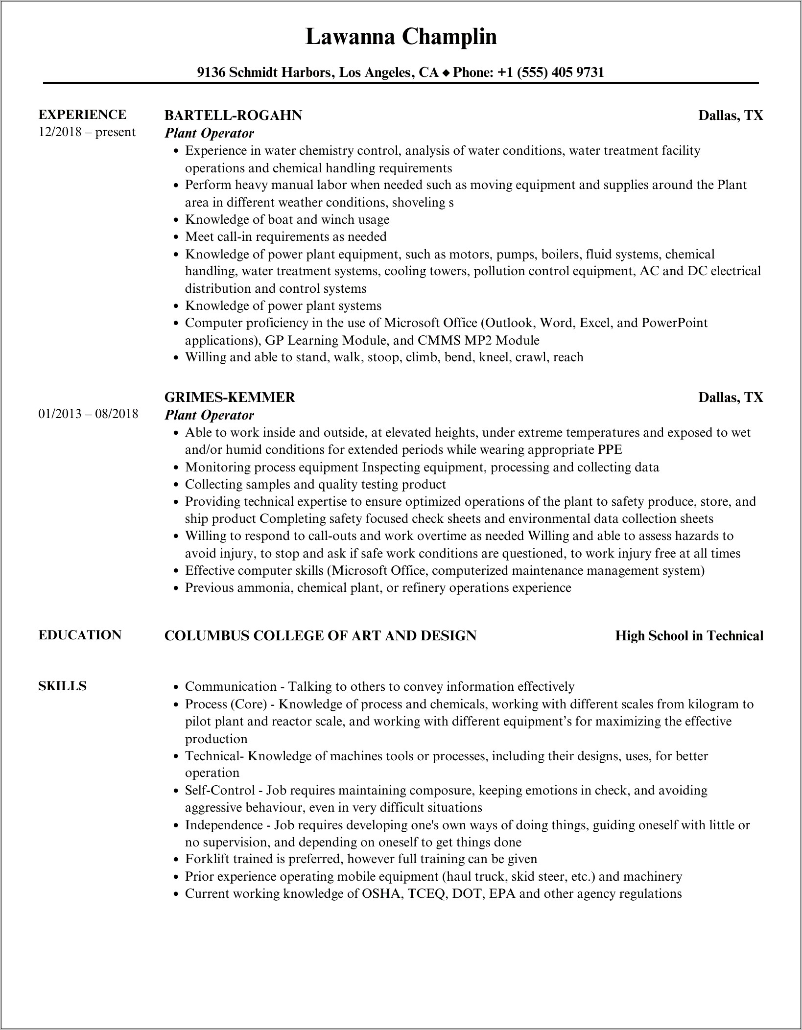 Objective For Plant Operator Resume