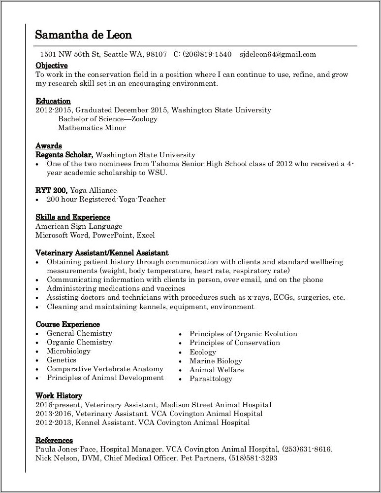 Objective For Resume Animal Hospital