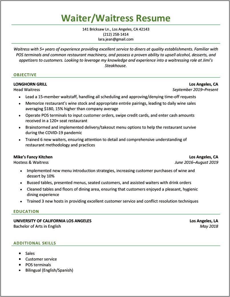 Objective For Resume Example Restaurant